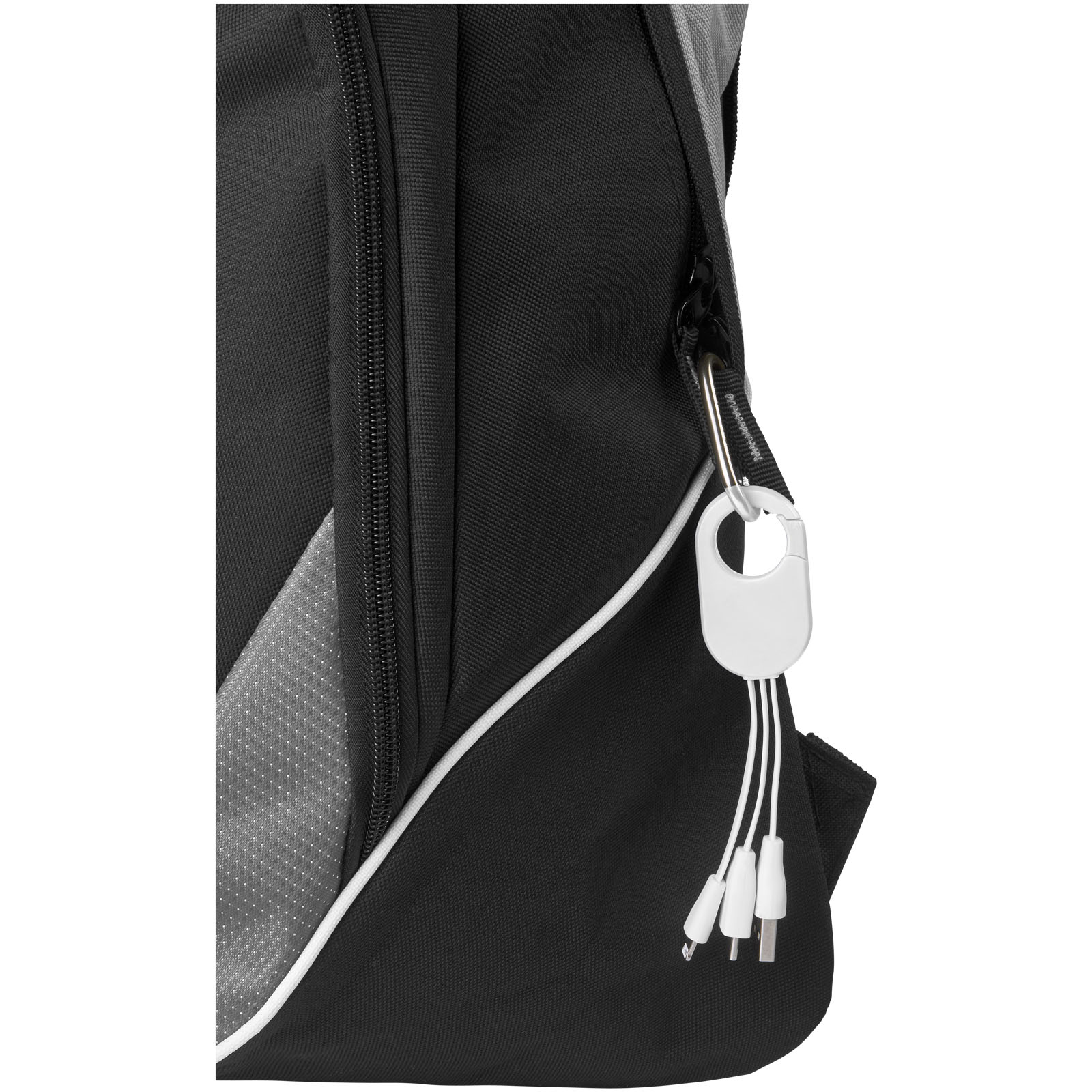 Rucksack, Reißverschluss, USB-Ladeanschluss, Kabelclip, Grau, Rucksack, Reißverschluss, USB-Kabel, Gepäckanhänger, Schwarz, Rucksack, Schulterriemen, Reißverschluss, Kabelzug, Nano-Steckverbindung