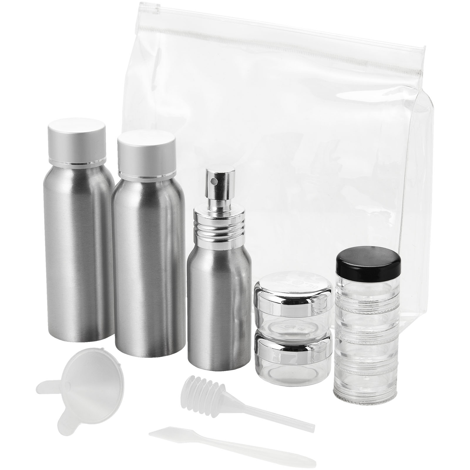 Kosmetik-Set, Reiseflaschen, Sprühflasche, Luftdichte Gläser, Transparente Tasche, Reise- hygienebehälter, Trinkflasche, Sprayflasche, Kosmetikbehälter, Aufbewahrungset, Reise-Set,  Kosmetikflaschen, Sprühflasche, Gläser, Beutel-Set