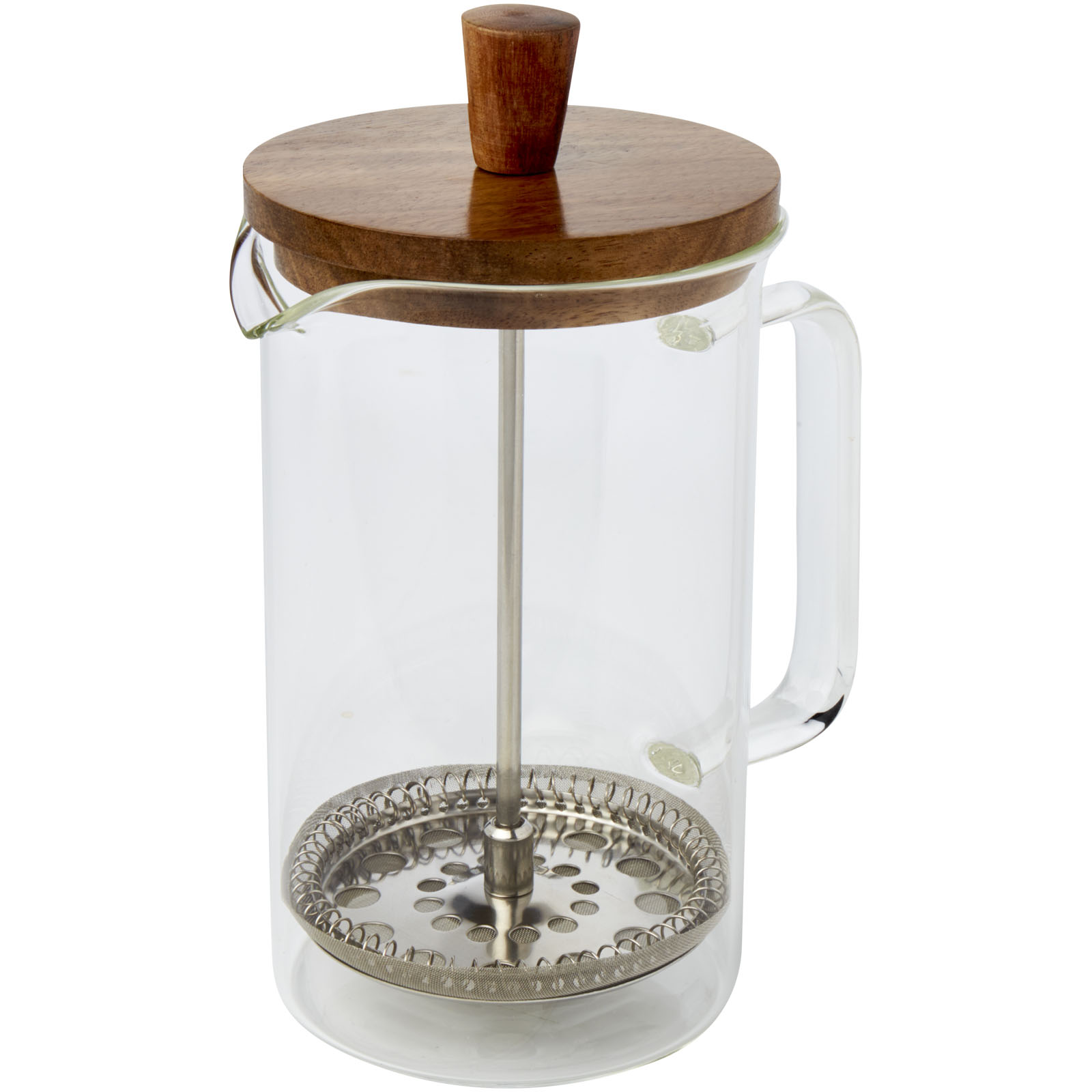 French press, Kaffeemaschine, Glasbehälter, Holzdeckel, Metallsieb