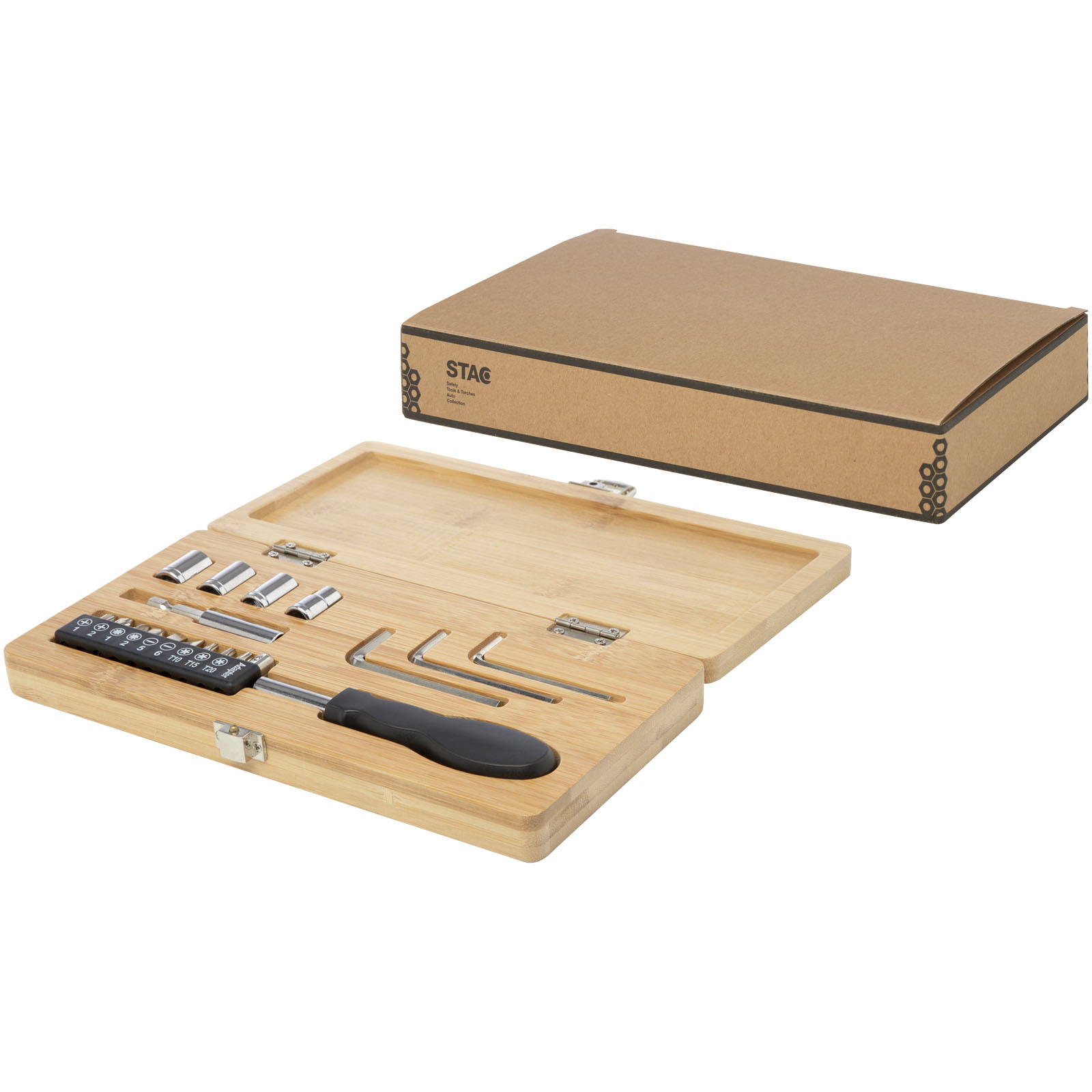 Schraubenzieher-Set, Schlüsselklingen, Inbusschlüssel, Holzhalterung, Aufbewahrungsbox