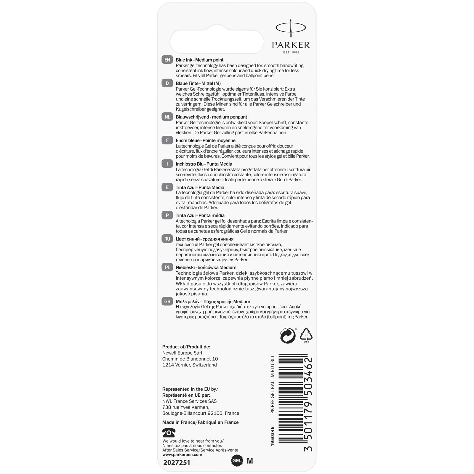 gel, blaue Tinten, mittelpunktspitze, Parker, Verpackungsetikette