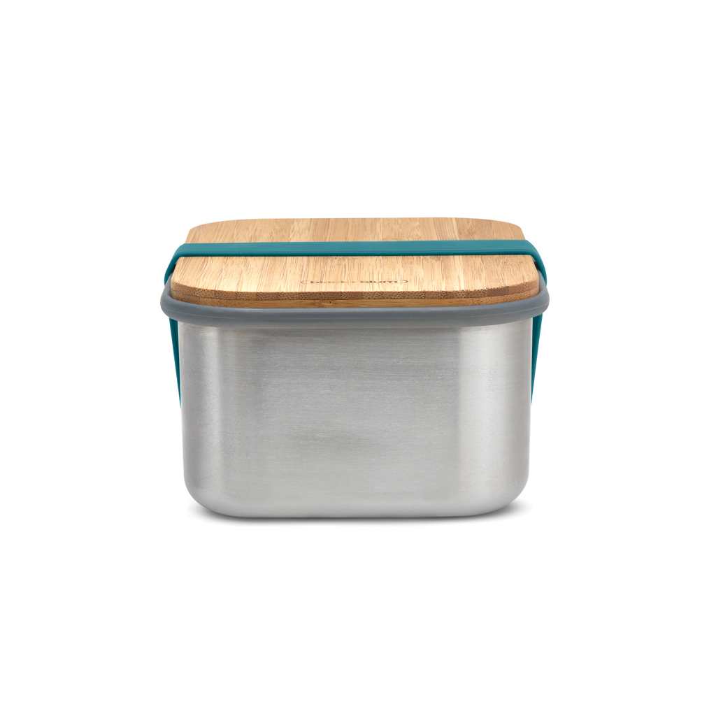 stainless steel container, food storage, wood lid, teal silicone, bento box