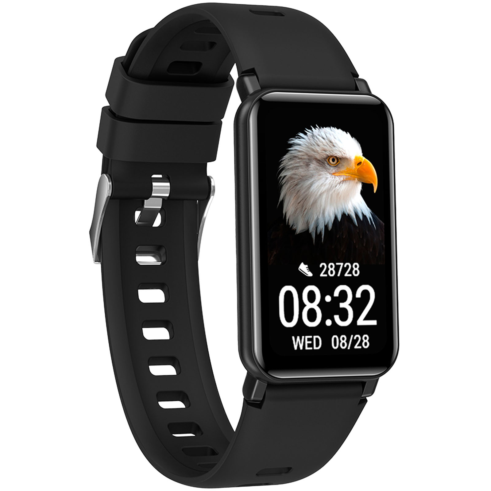 smartwatch, schwarz, Silikonarmband, Digitalanzeige, Vogelbild
