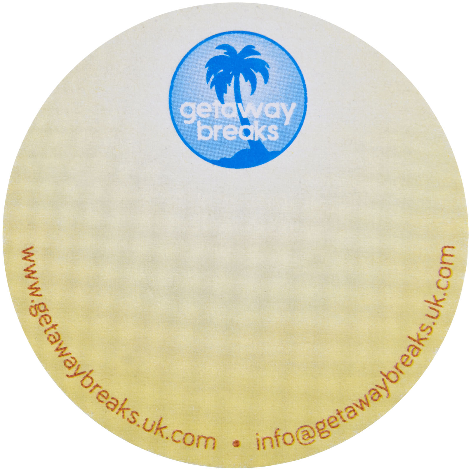 runder coaster, strandetema, gelber verlauf, getaway breaks logo, blauer palme