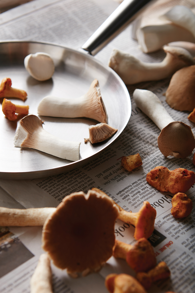 Brot, Essen, champignons, mushrooms, platte, holz, braune schale