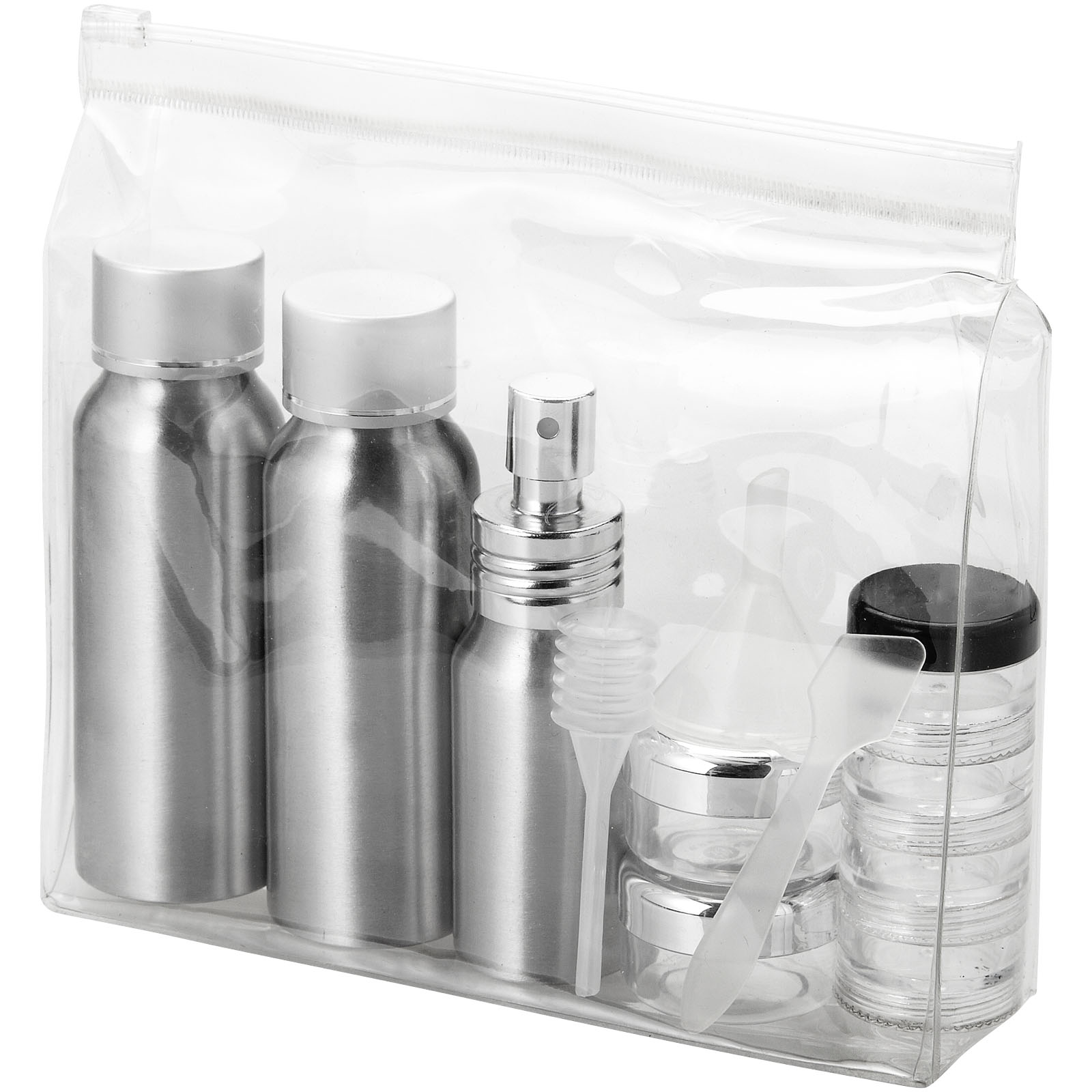 Kosmetikset, Reise-Set, Flasche, Sprühflasche, Werkzeugset, Reise-Set, Kosmetik, Make-up-Set, Metallflaschen, Transparente Tasche, Reise‑Kosmetikset, Sprayflasche, Döschen, Pinsel, Spatel