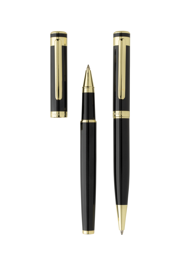 Fountain pen, Black pen, Gold trim, Nib visible, Cap detached