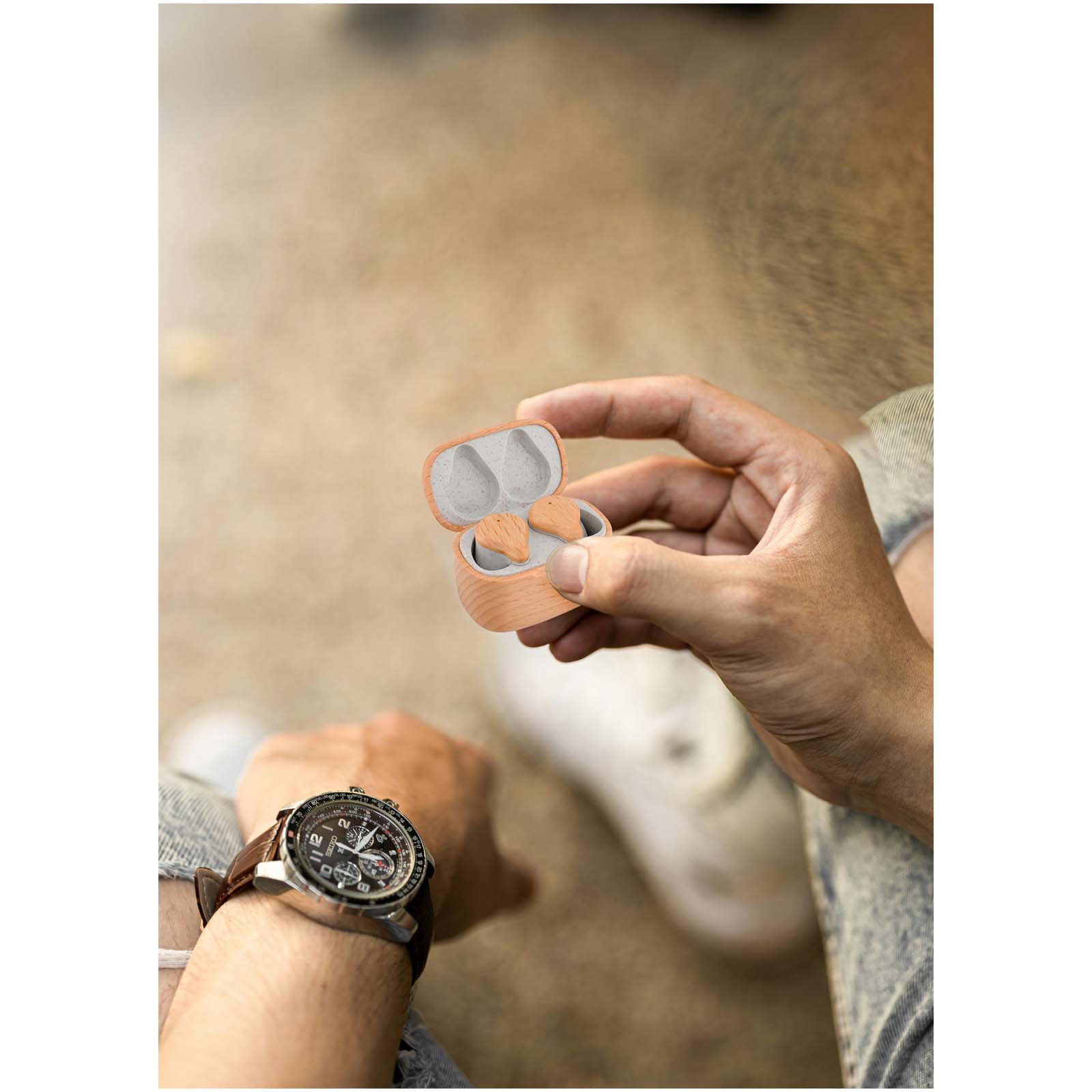 earbuds, case, wooden, charging, wireless