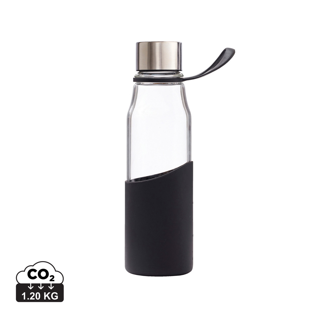 Flasche, Wasserflasche, Shaker, Wasserflasche, Glasflasche, Silberdeckel, Schwarzhülle, Trinkhalterung, Wasserflasche, Glasflasche, Schwarz, Silikonhülle, 1,20 kg, Glassflasche, Wasserflasche, Metallkappe, schlankes Design, Griffschale