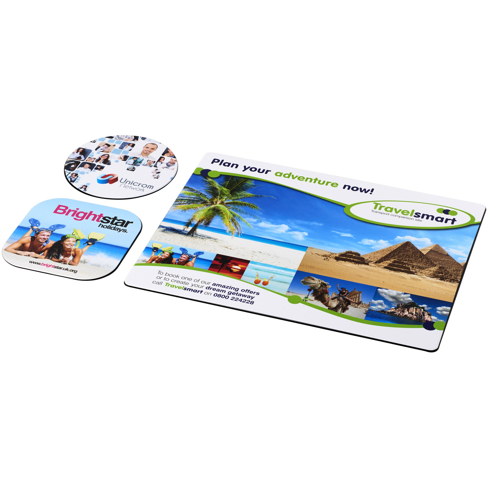 travel mat, promo card, beach scene, palm trees, photos collage, Reiseunterlage, Palmenbaum, Strand, Pyramiden, Foto-Magnet, Mousepad, Reisematte, Tourismuspromo, Pyramidenbild, Collage-Design