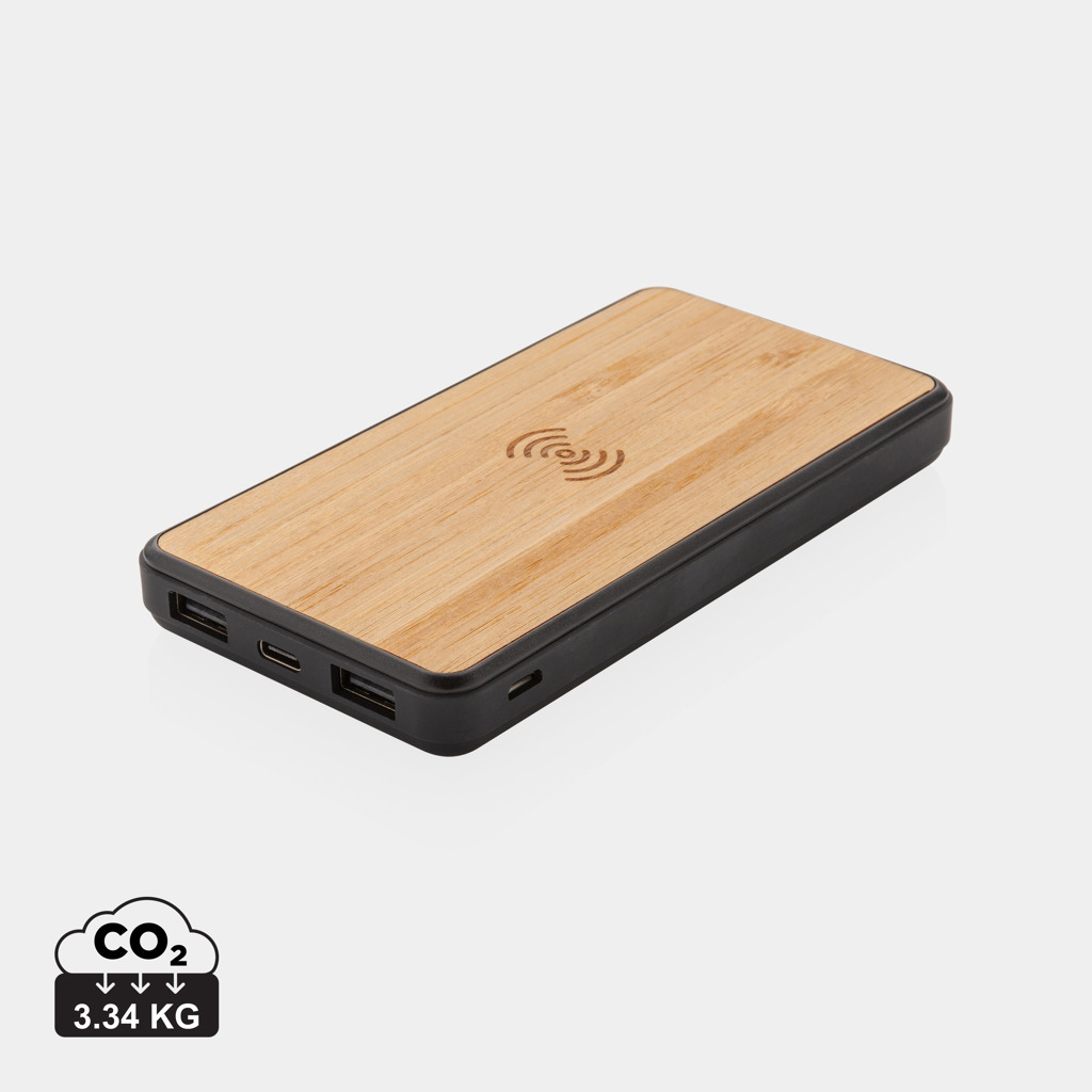 Computerausrüstung, Elektronik, Hardware, Computer, Handy, Powerbank, Wireless-Charger, Bambus, Holz, USB-C, Powerbank, Wooden, Wireless, USB-C, Multiport, Powerbank, Wooden surface, USB ports, Wireless charging, Compact