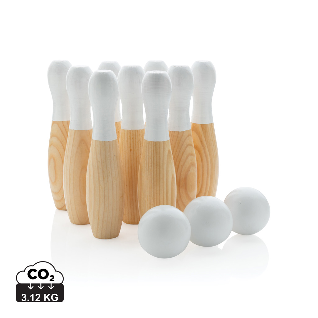 Bowling pins, Wooden pins, White heads, Wooden body, Bowling balls