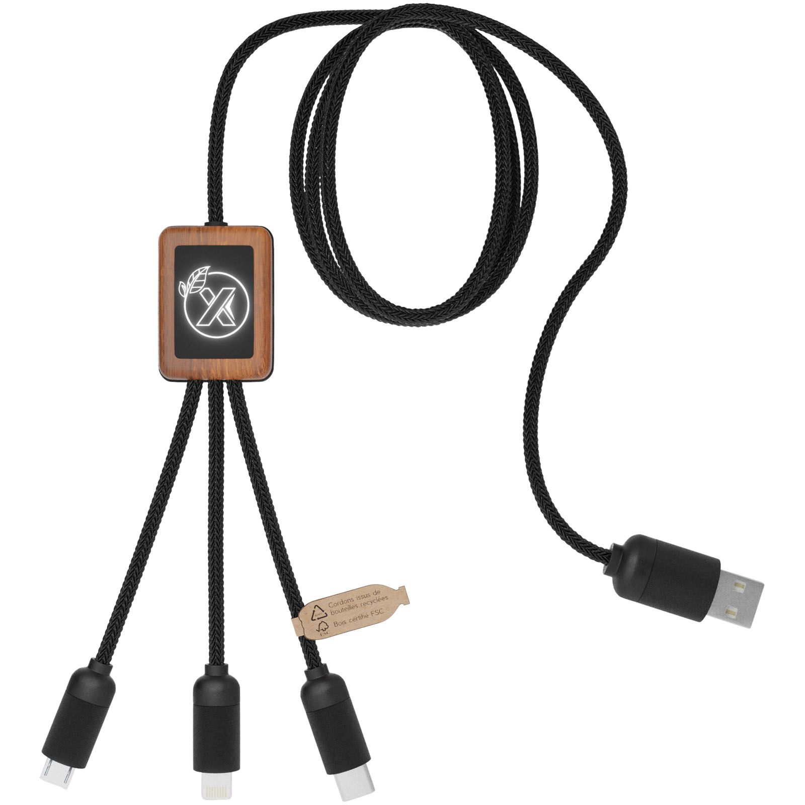 ladekabel, 4-in-1, usb-c, lighting, holzblock