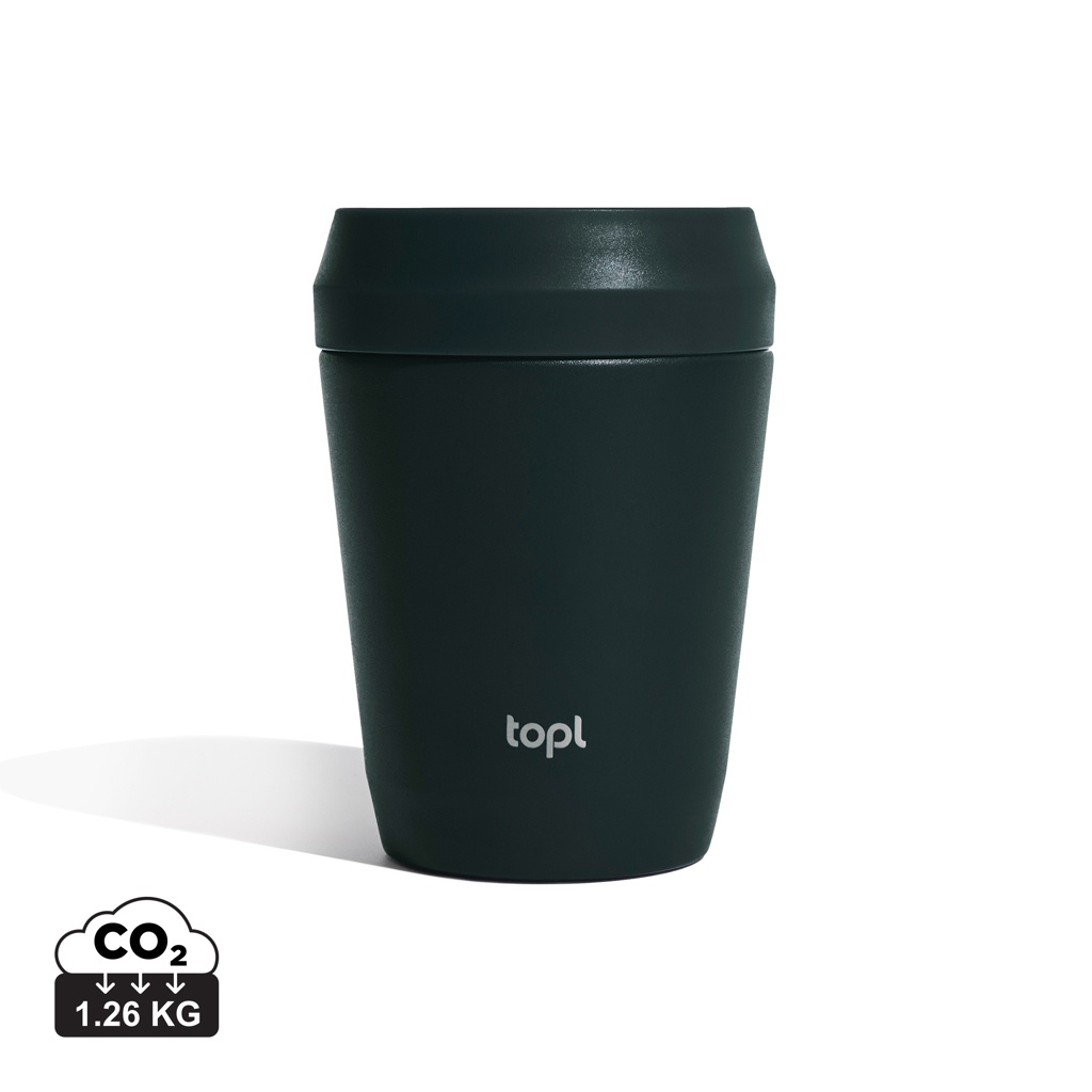 Travel mug, Thermal cup, Nachhaltig, Dunkelgrün, 1.26 kg CO2, Travelbecher, Nachhaltig, Rutschfest, Dunkelgrün, Isoliert, Reisebecher, Thermobecher, Wiederverwendbarer Becher, Dunkler Grünton, 1,26 kg CO2-Icon