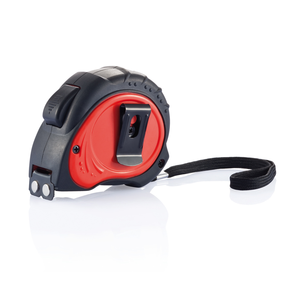 Computerausrüstung, Elektronik, Hardware, Maßband, ausziehbar, roter Gehäuse, schwarze Verkleidung, Trageband