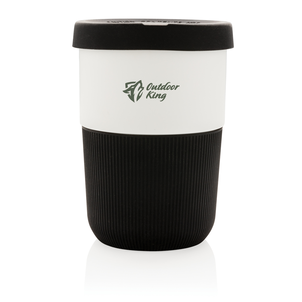 To-go Cup, Travel Mug, Papperweiße Hülle, Schwarzer Ripp-Unterteil, Outdoor King