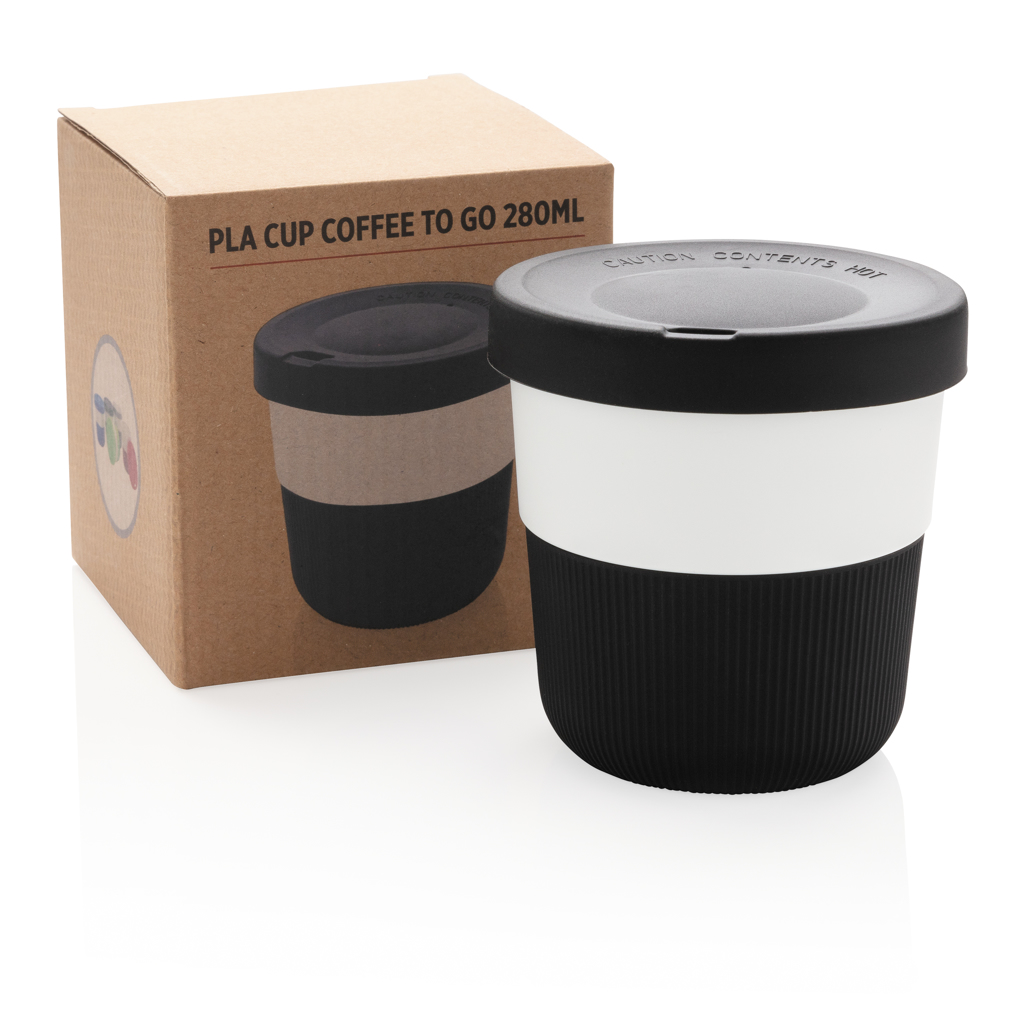 PLA Becher, Coffee to go, 280ml, Reisebecher, schwarfer Deckel