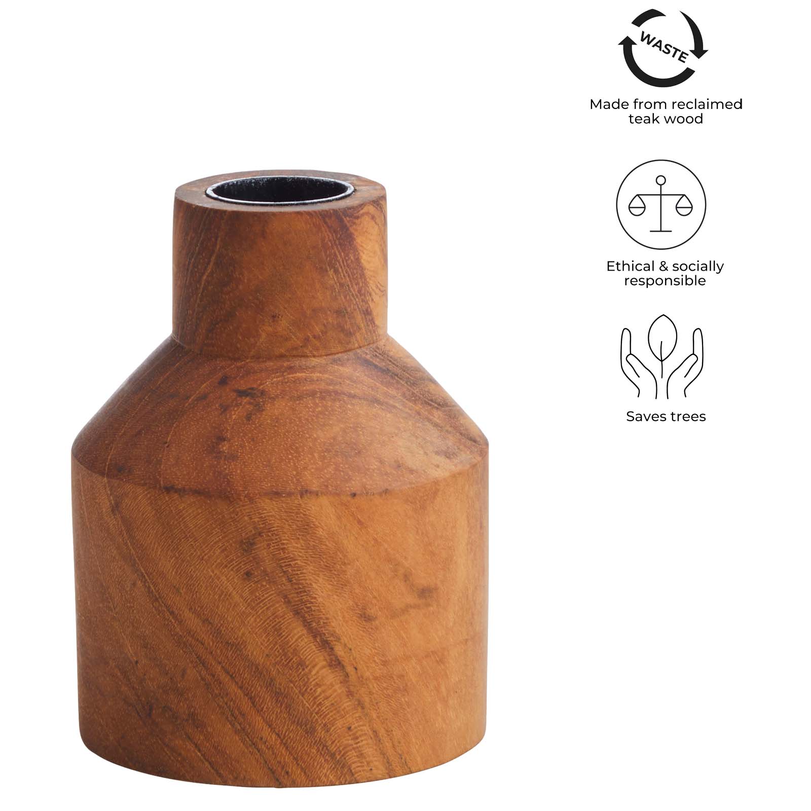 Holzvase, Teakholz, brauner Vase, glatte Oberfläche, zylindrischer Hals