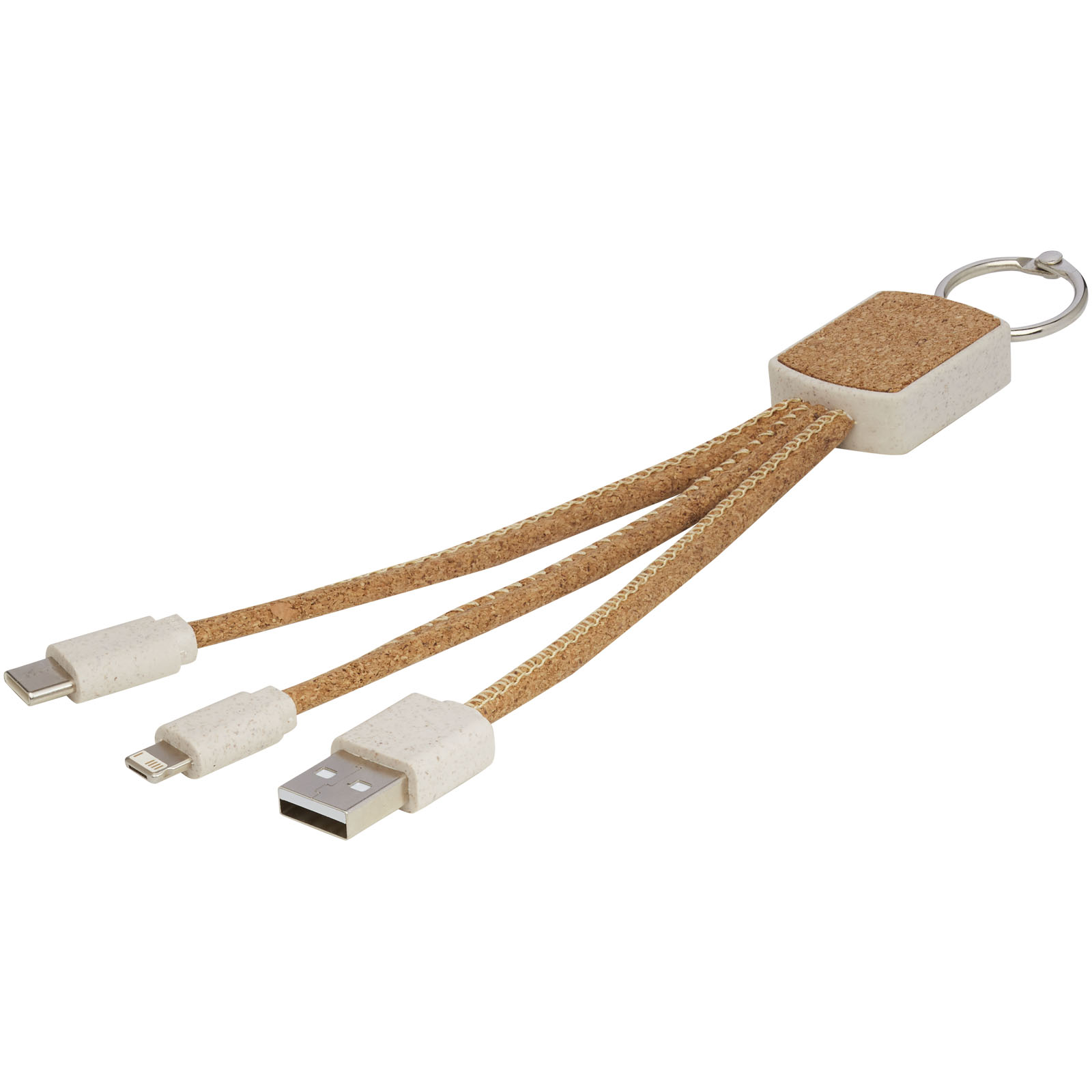 Schlüsselanhänger, Kork, Drei-in-eins Ladegerät, USB-C, Lederoptik