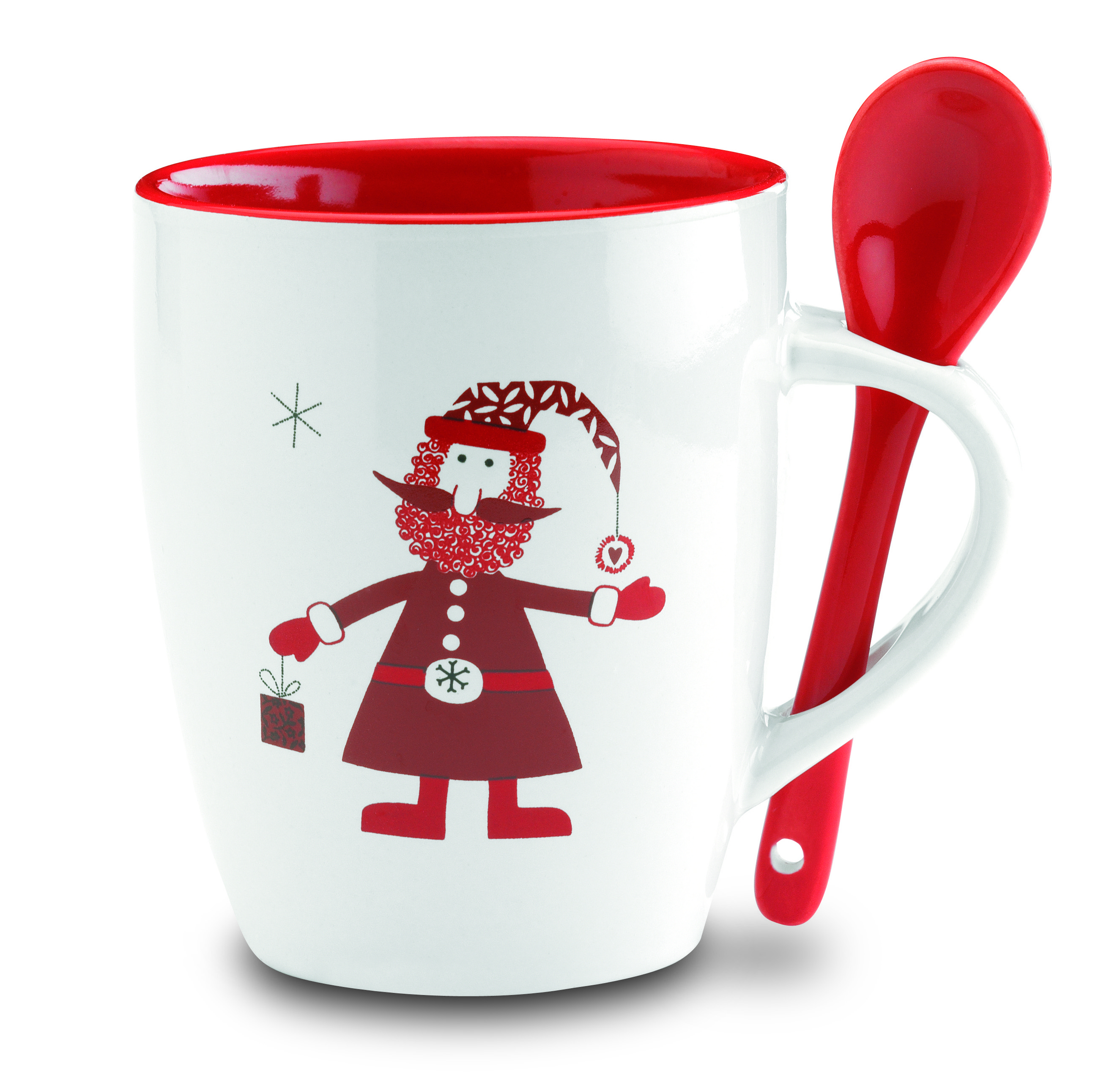Tasse, Becher, Weihnachtsmuster, Rot, Beilöffel-Set, Weißer Becher, Weihnachtsmotiv, Rot Innenrand, Löffel-Set, Porzellan, Tasse, Becher, Weihnachtsmotiv, Rot, Löffelhalterung", Tasse, Becher, Weihnachtsmotiv, Rot, Spork-It?